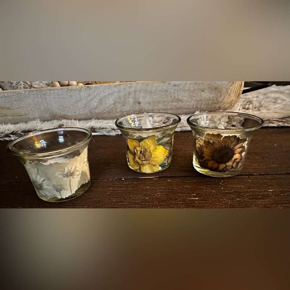 Hand Crafted Yellow and Cream Floral Glass Candle Holders